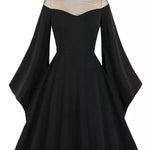 Halloween Black Queen Cosplay Dress Yarn Stitching Flare Sleeve Retro Maxi Dress