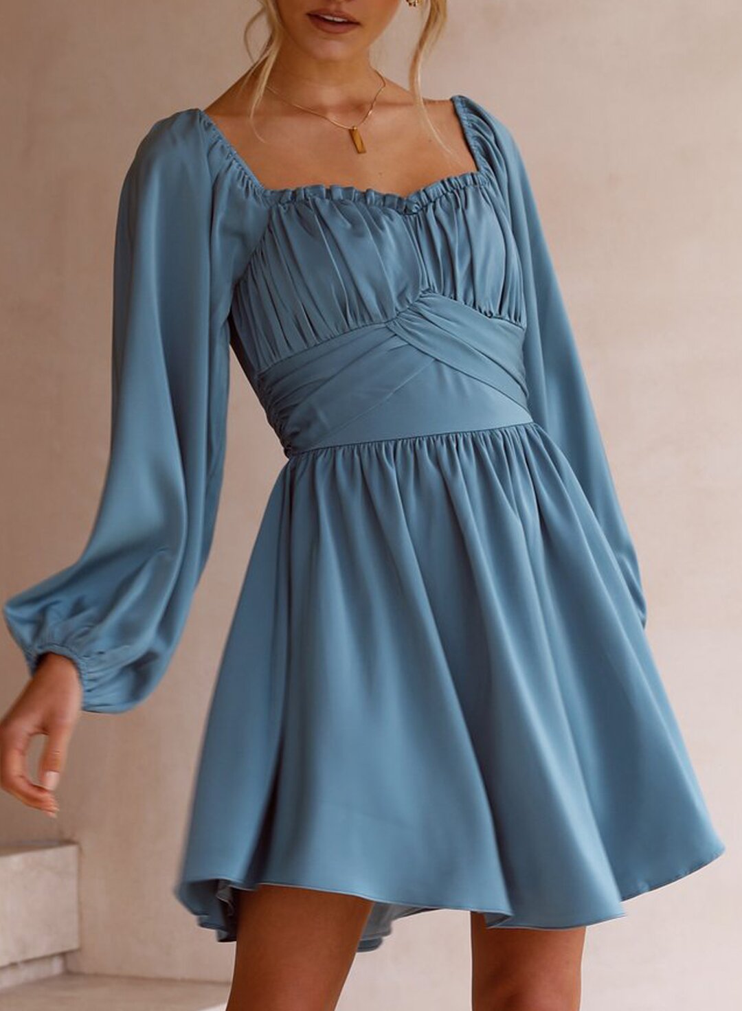 Women's Mini Dress A-line skirt pleated flared sleeves Dress