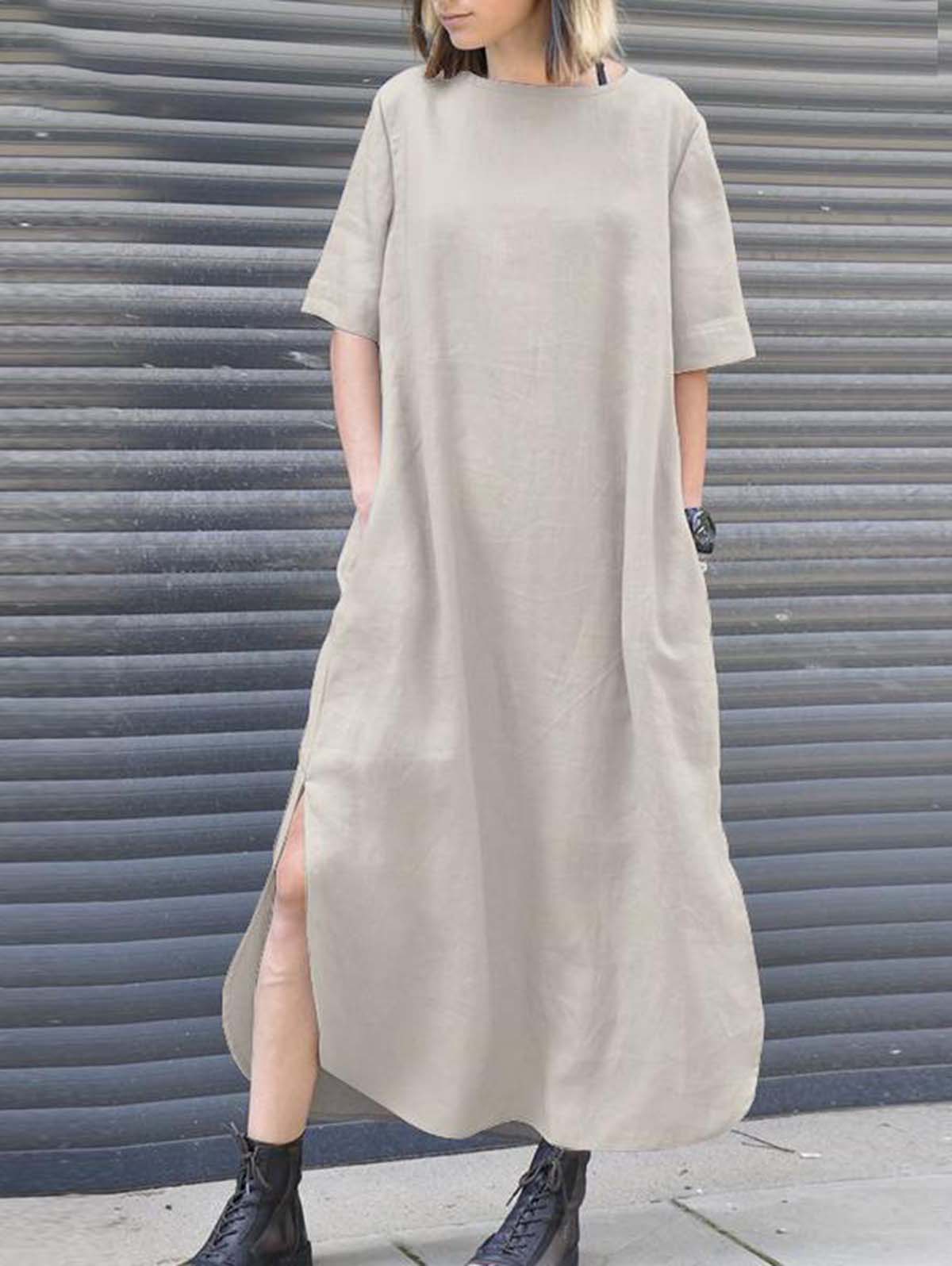 Plain Slant Pocket Slit Side Dress