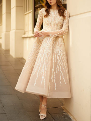 Elegant long-sleeved sequined A-line gown