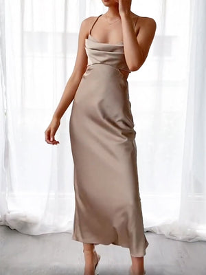 Slim mid-length pile neck suspender evening dress
