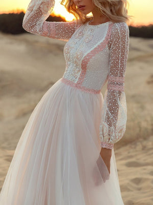 Lace Stitching Net Yarn White Long Dress