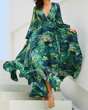 Green Leaf Print Maxi Dress