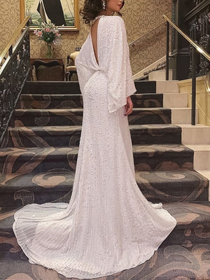 V-neck Long Sleeve Elegant Ladies Sequin Dress Long Dress