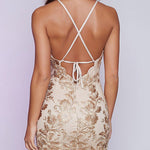 Golden Embroidery Lace Halter Cross Strap Back Bodycon Dress