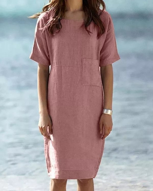 Solid Round Neck Linen Cotton Midi Dress With Pocket