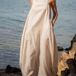 Stand Collar With Back Crinkle Linen Maxi Dress