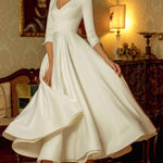 V-neck Elegant Mid-length White Large Skirt Dress