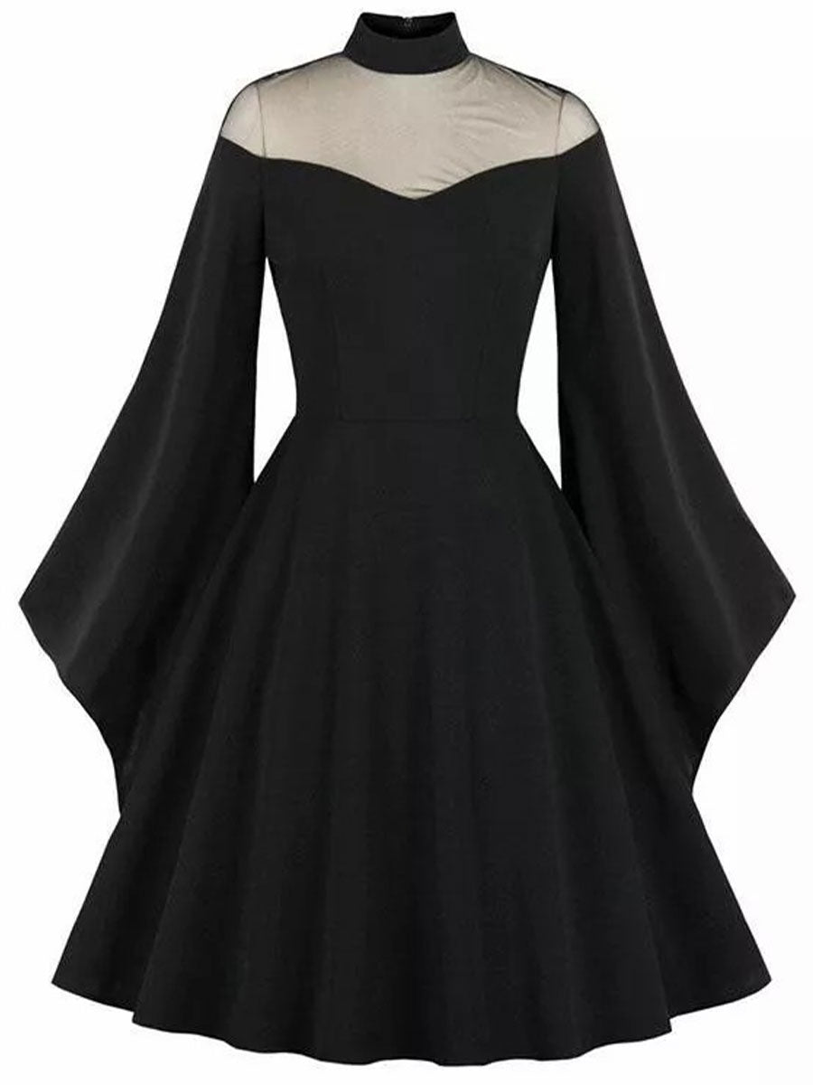 Halloween Black Queen Cosplay Dress Yarn Stitching Flare Sleeve Retro Maxi Dress