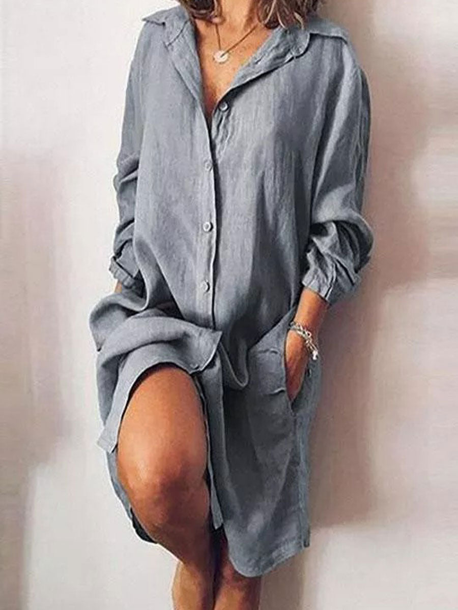 Casual V Neck Long Sleeve Solid Buttons Dresses