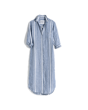 Blue Striped Linen Midi Shirt Dress