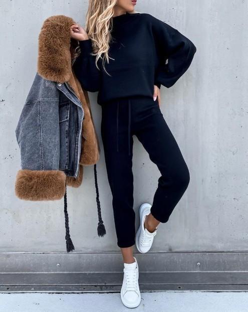 Casual Solid Color High Collar Pencil Pants Suits