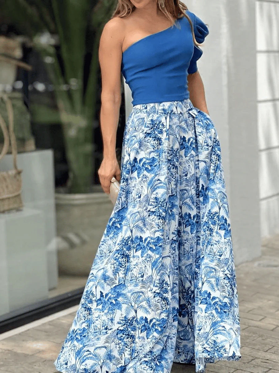 One-shoulder puff-sleeve printed trousers two-piece